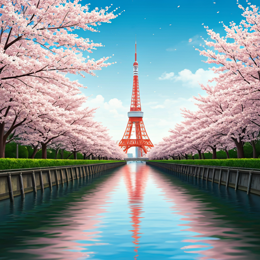 A bright travel scene with a city tower, blossoms, and water